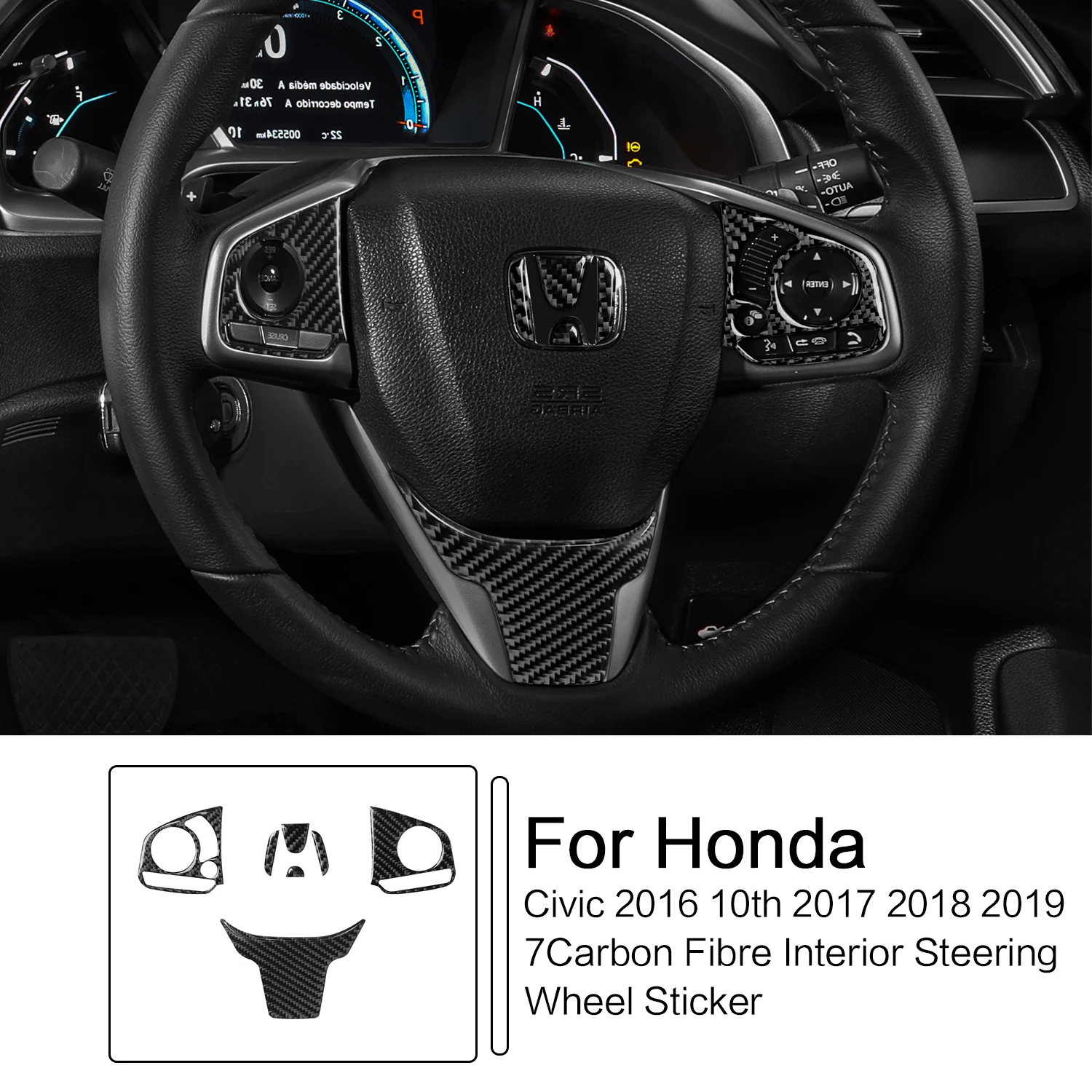 

7Pcs Carbon Fiber Interior Steering Wheel Sticker Trim For Honda Civic 10th 2016 2017 2018 2019 Car Styling Accessories