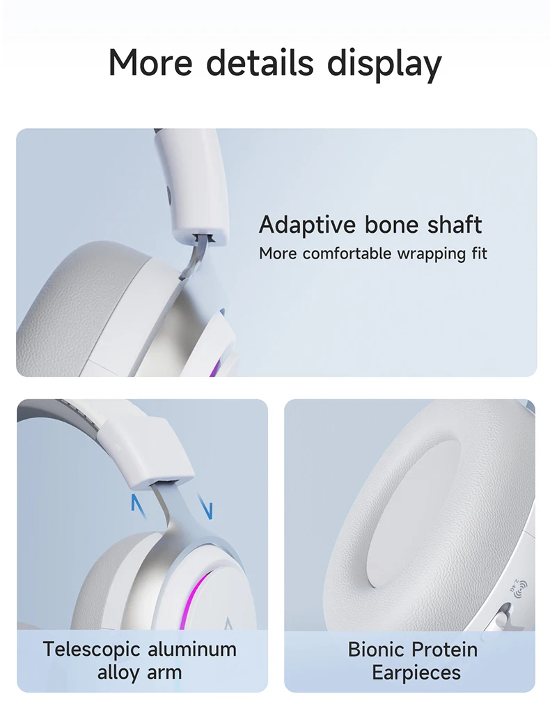 AJAZZ AHM10 MAX Tri-Mode Kabelloses Gaming-Headset, 7.1 Surround Sound, 143 Stunden Akkulaufzeit, RGB-Beleuchtung, Komfortable Ohrpolster für PC – Detail 14
