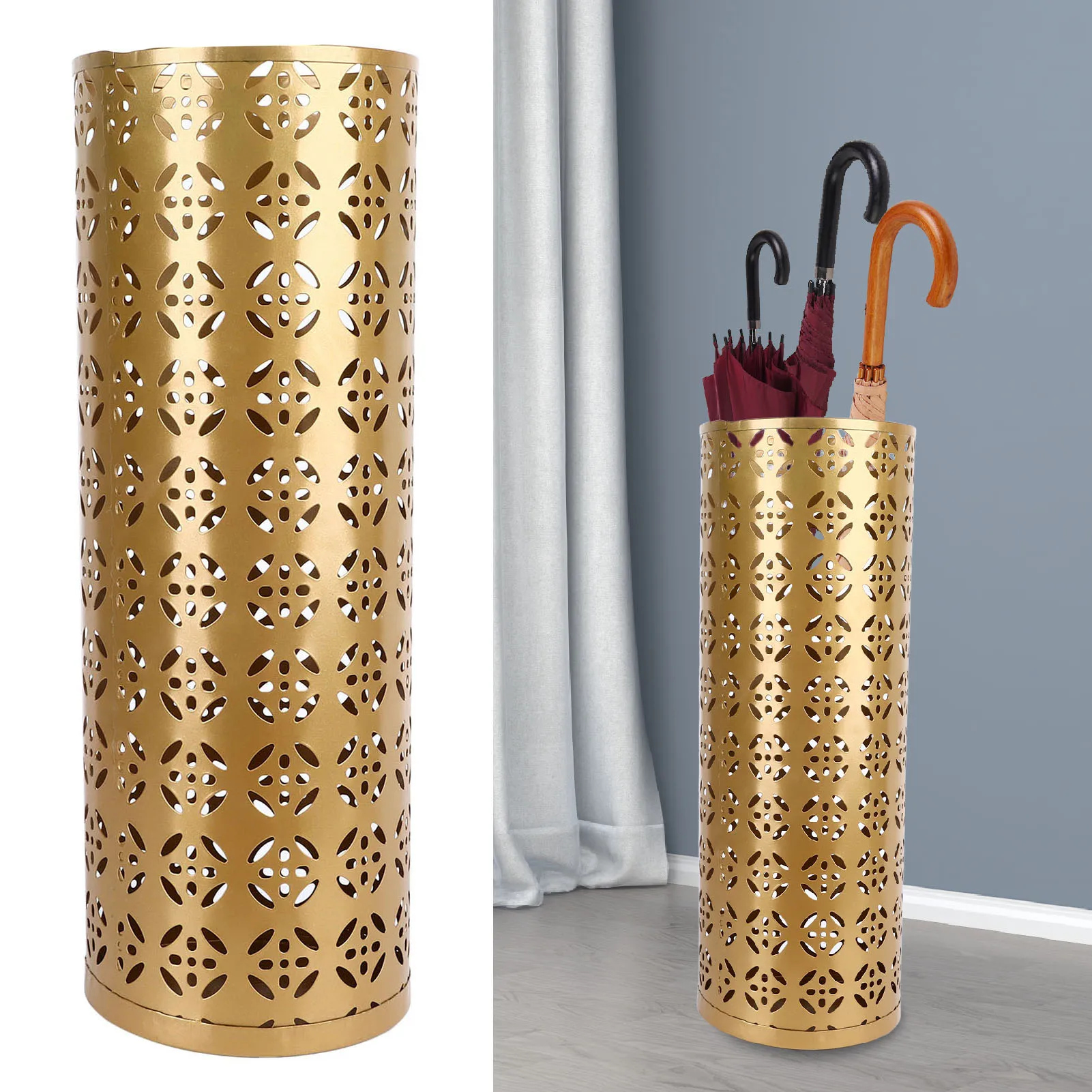 ZK20 Umbrella Holder Round Rust Proof Stylish Hollow Copper Pattern Metal Umbrella Holder Bin for Home Entryway Gold