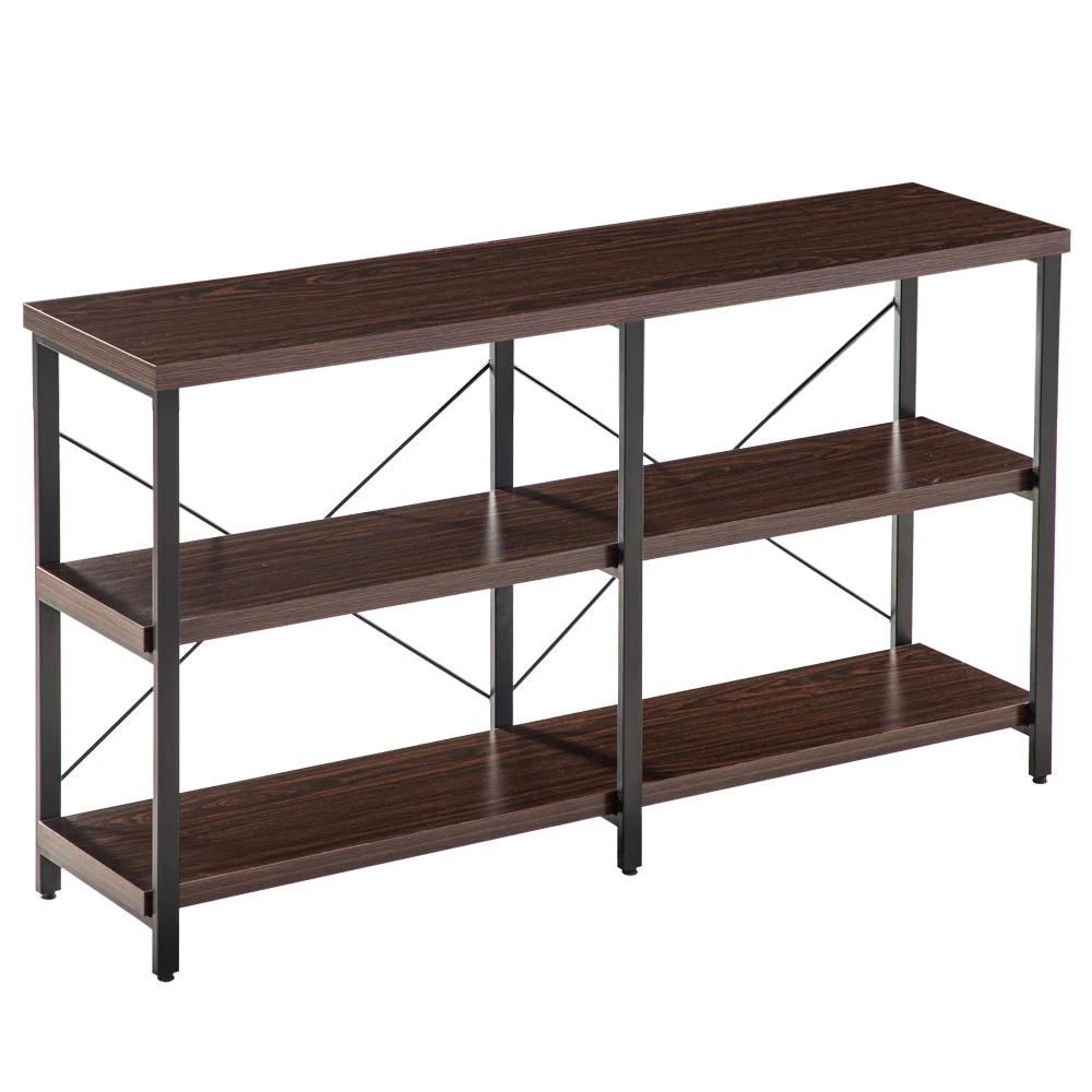 

Industrial Style Porch Table 3-Floor Console Table Cross Back 140x34x76CM Black Walnut Color[US-Stock]