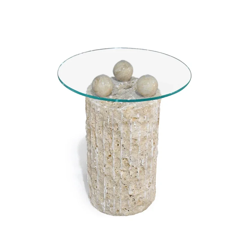Modern Nordic Style Living Room Furniture Hallway Round Stone Travertine Side Table Glass Table Coffee