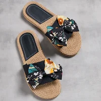 Female Summer Slippers Artificial Straw Sole Shoes Lady Summer Indoor Flat with Flip Flops Stitching Floral Women Slippers - Image 3