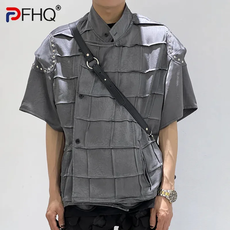 

PFHQ Standing Collar Short Sleeve Shirt Male Summer Plaid Creativity Personality Haute Quality Advanced Men's Tops New 21Z4826