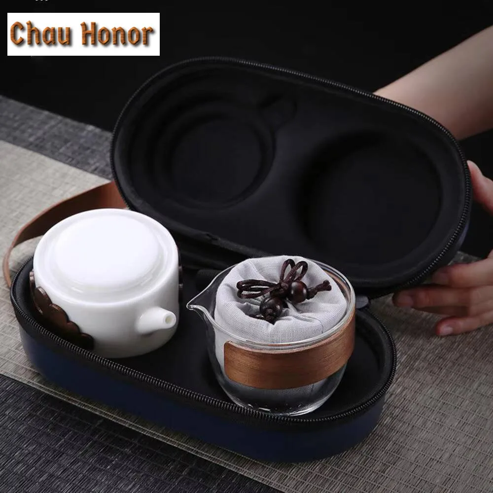 Chinese Mutton-fat Jade White Porcelain Tea Set Kit Handmade 1 Pot 3 Cups Tea Making Designer Picnic Portable Tote Bag Teaset