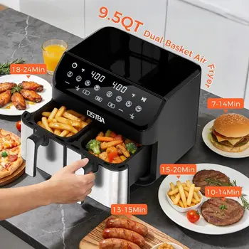9.5QT Double Air Fryer, 1700W with 2 4.25QT Stainless Steel Baskets, Digital Touch, 8 Presets, Auto Shut-Off, Dishwasher Safe 6