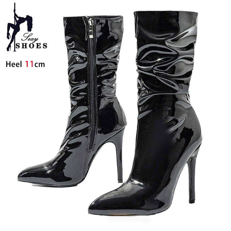 High-quality Pointed Toe Ladies Boots 11CM Stiletto Fashion Women Party Shoes Mid-Calf Boots Side Zipper Pleated High heels 42