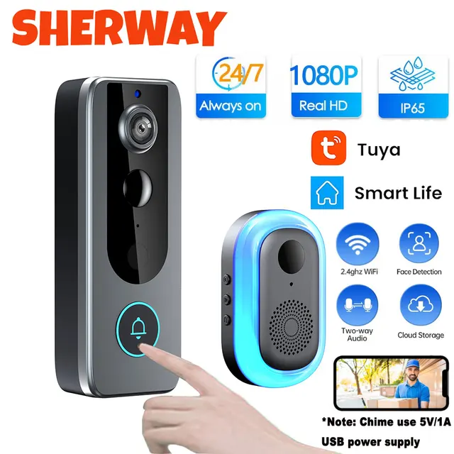 Tuya Doorbell with Camera Wireless Bundle Video Doorbell Wifi HD 1080P Outdoor Phone Door Bell Camera Security Video Intercom IR