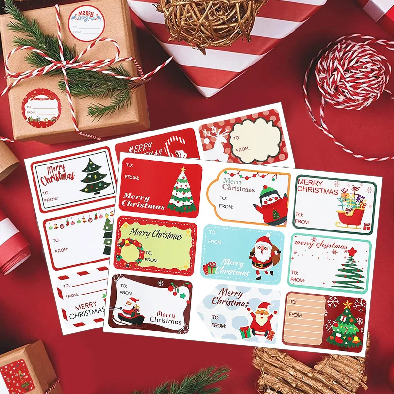 90pcs/10sheets Christmas Stickers Gift Box Wrapping Decoration Paper Label Sticker Name Tag 2024 Merry Christmas Decor New Year