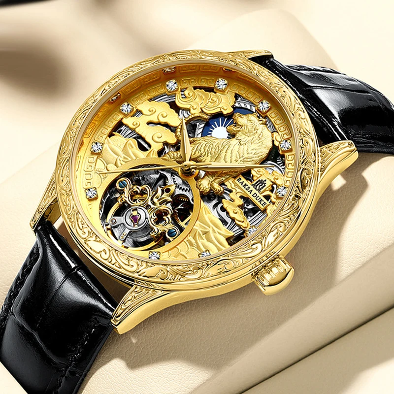 

Retro 3D Engraved Tiger Dial Men's Mechanical Watch Tourbillon Skeleton Automatic Watch Men Bling Diamond Gold Relogio Masculino