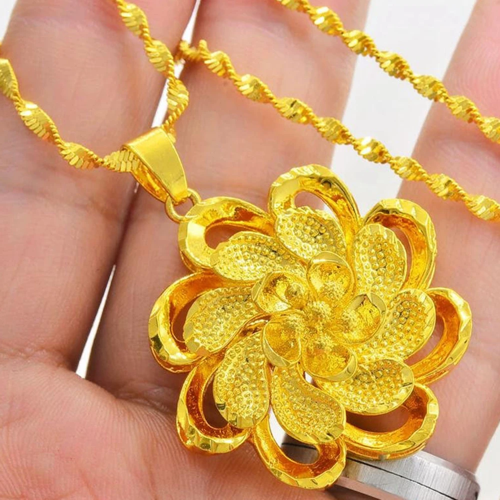 

Flower Shaped Women Pendant Necklace Wave Chain Solid 18k Yellow Gold Filled Vintage Pretty Women Girlfriend Gift