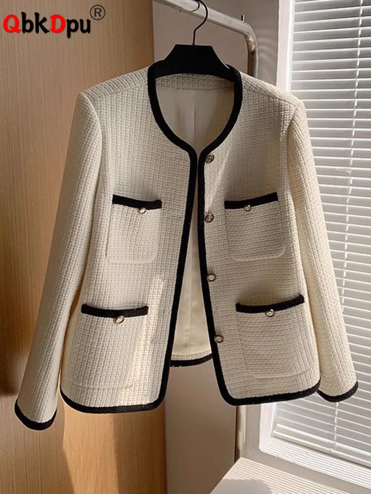 O-neck Tweed Single Breasted Woolen Jackets Korean Fashion Women Chic Wool Blend Tops Abrigos Spring Fall Elegant Casual Coats