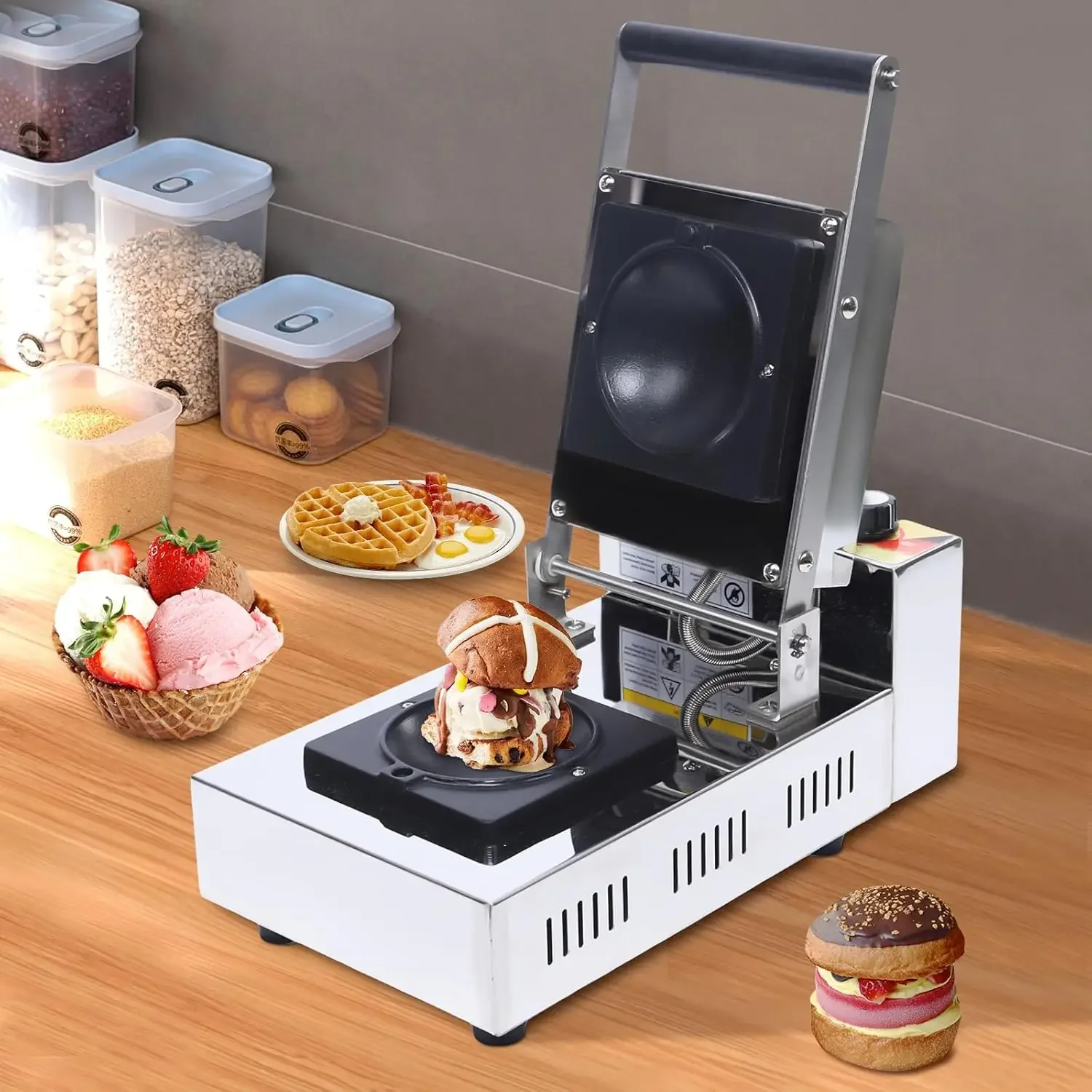 1000W Commerical Grill Panini Sandwich Maker, 110V Electric Ice Cream Brioche Sandwich Panini Press Machine Maker, Double Sides 6