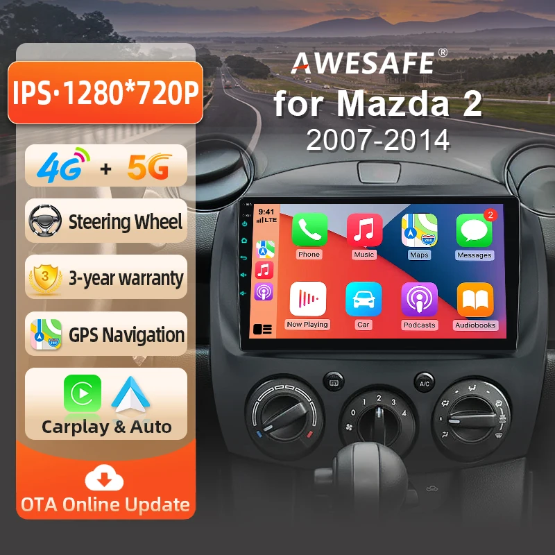 AWESAFE Radio Android de 9 pulgadas para MAZDA 2 Mazda 2 2007-2014, CarPlay inalámbrico y Android Auto, navegación GPS, soporte multimedia, control del volante, amplificador de subwoofer, cámara trasera, Plug and Play, DAB+, autoradio digital, radio de coche 2 DIN, estéreo, RDS, DSP, FM, WIFI 1