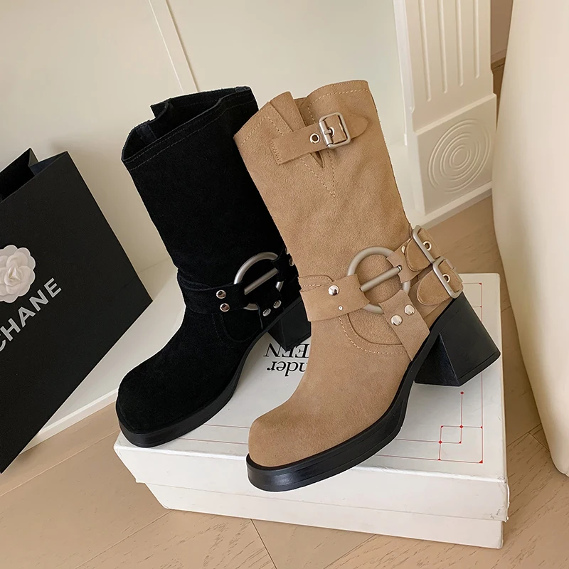 

2023 new Autumn winter Women Mid-calf boots natural leather 22-25cm cow suede+pigskin modern boots buckle platform western boots