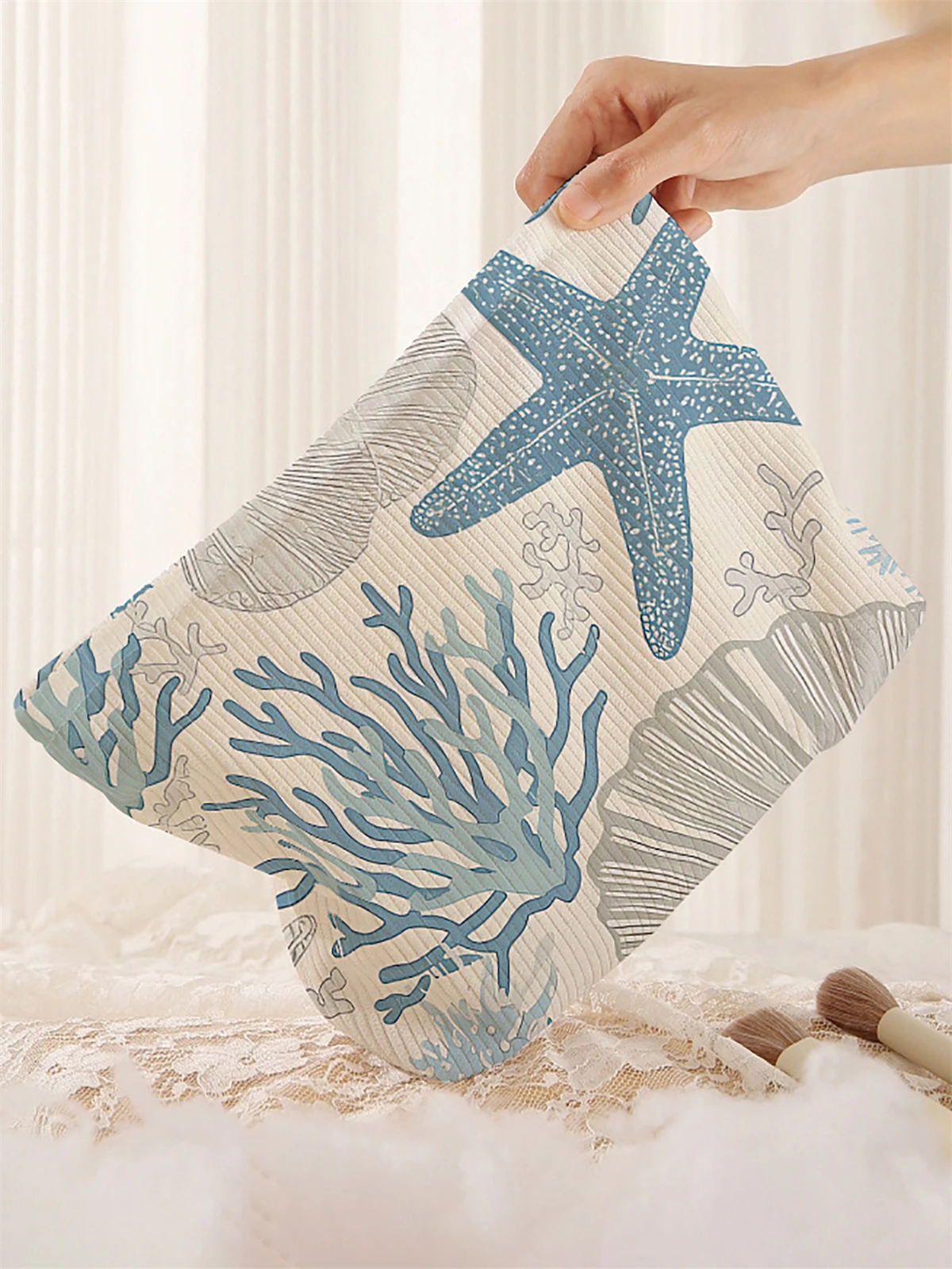 1 starfish patterned corduroy makeup bag, lightweight zipper makeup storage box, multifunctional bag with lining