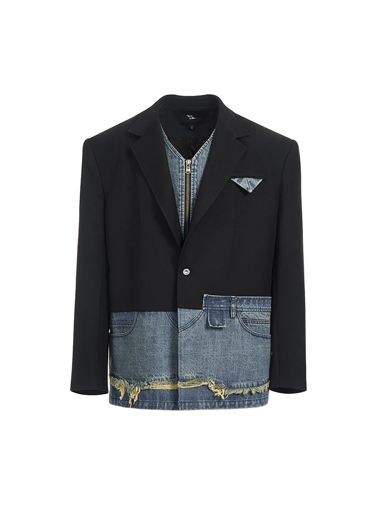 Male Niche Design Tailored Coats Personality Faux Two-piece Spliced Denim Blazers Male Handsome Long-sleeve Suit Jackets