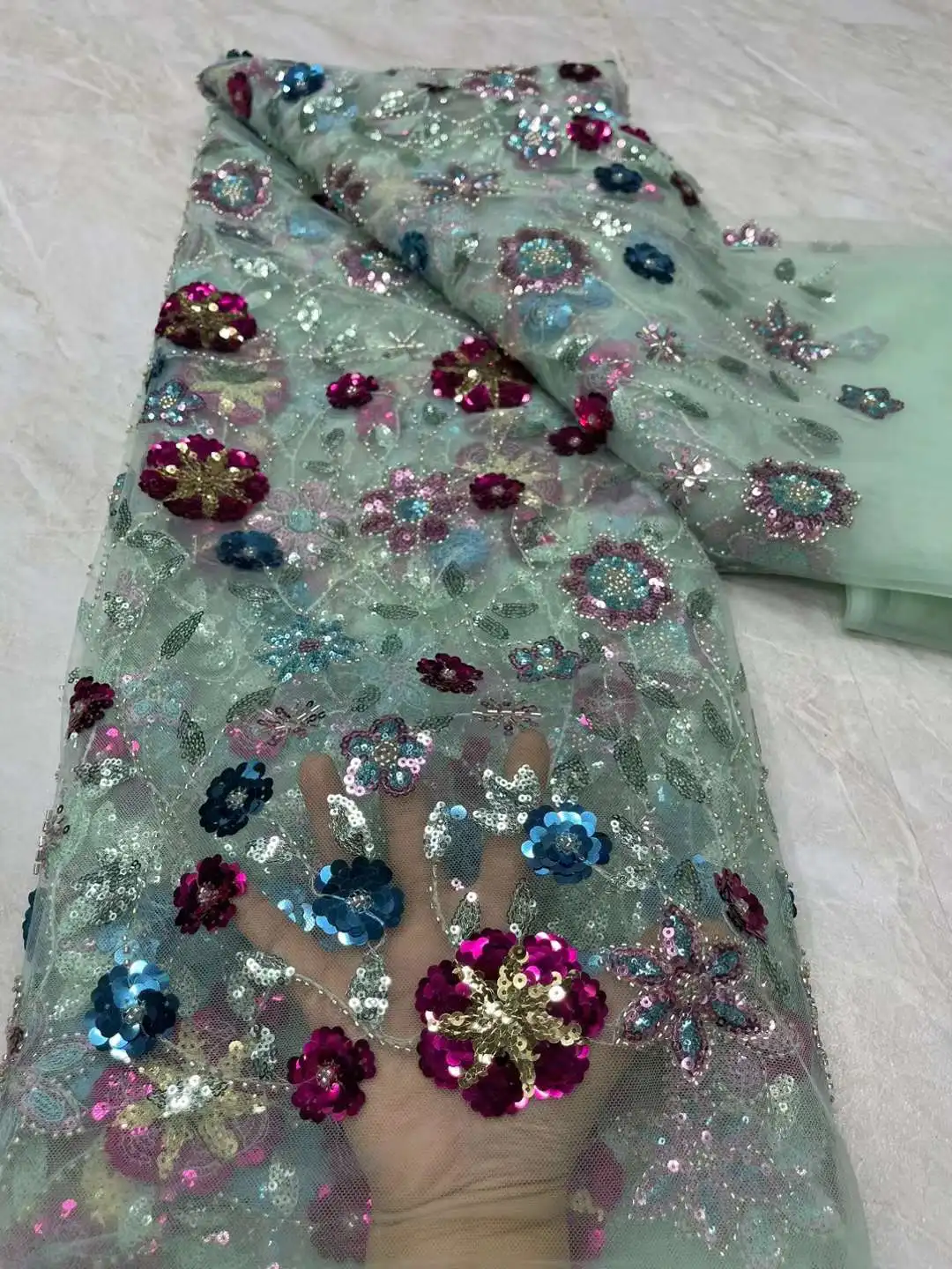 

High Quality African Embroidery Beaded Lace Fabric Nigerian Sequins Lace Fabric For Wedding Party Sewing Material Dress