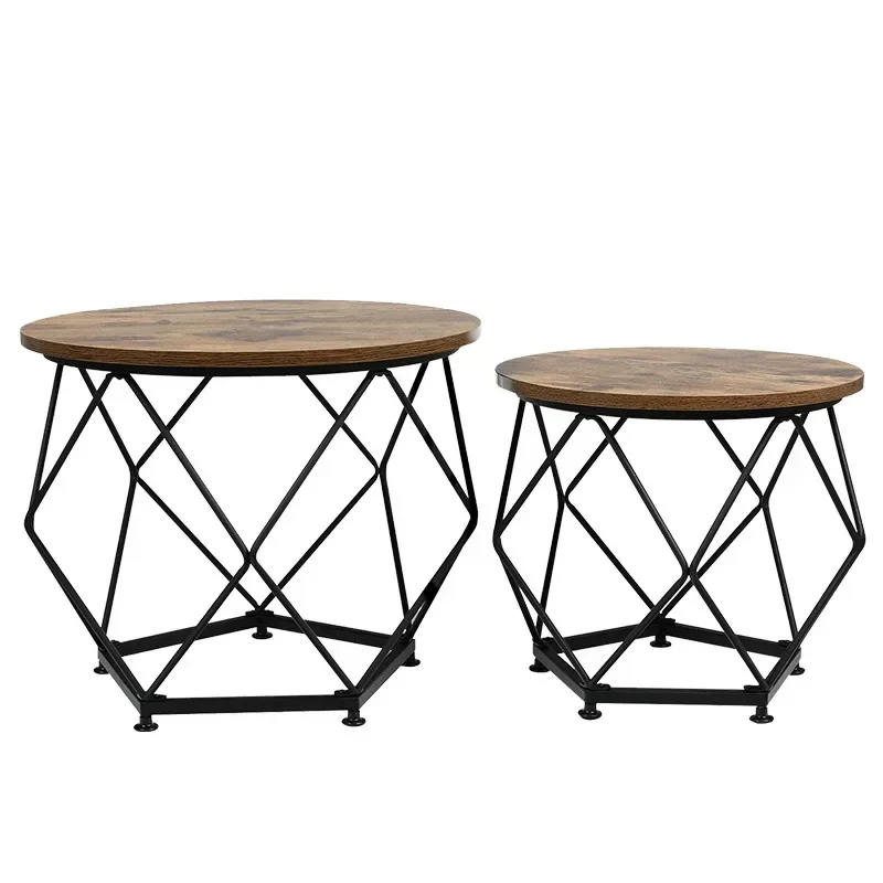 Nordic Light Luxury Coffee Table Two-piece Set Coffee Wrought Iron Steel-wood Solid Wood Round Low Table Home Living Room