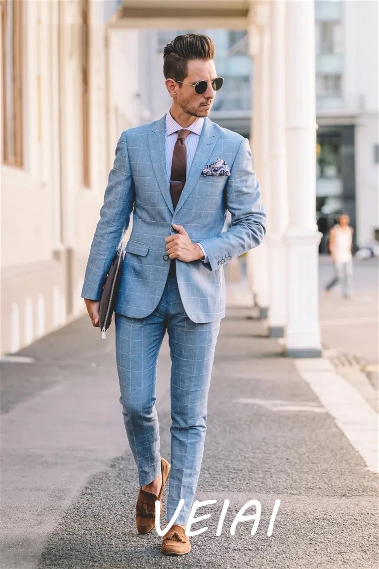 

Sky Blue Men Business Suits 2 Piece Blazer Sets terno social masculino Peaked Lapel Single Breasted Wedding Groom Wear