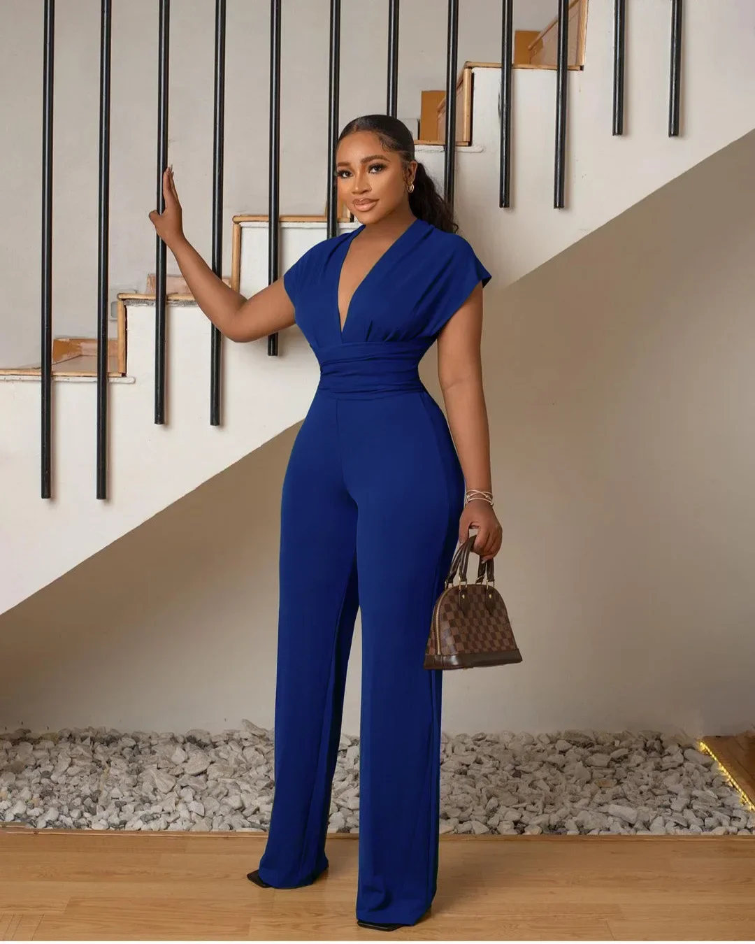 Summer Long Wide Leg Jumpsuit Women Fashion Office Lady V-neck Short Sleeved High Waist Jumpsuit Women