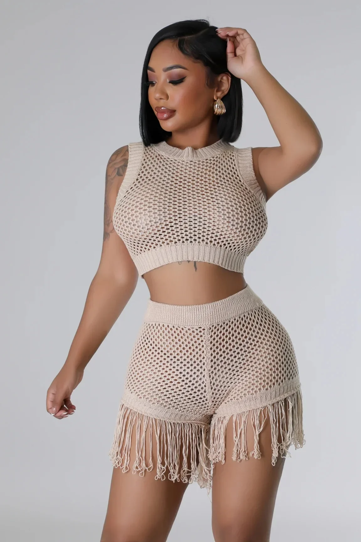 Knit Ribbed Crochet Women's Set O-neck Vest and Tassel Shorts Sets 2024 Summer Street Two 2 Piece Sets Outfits Tracksuit