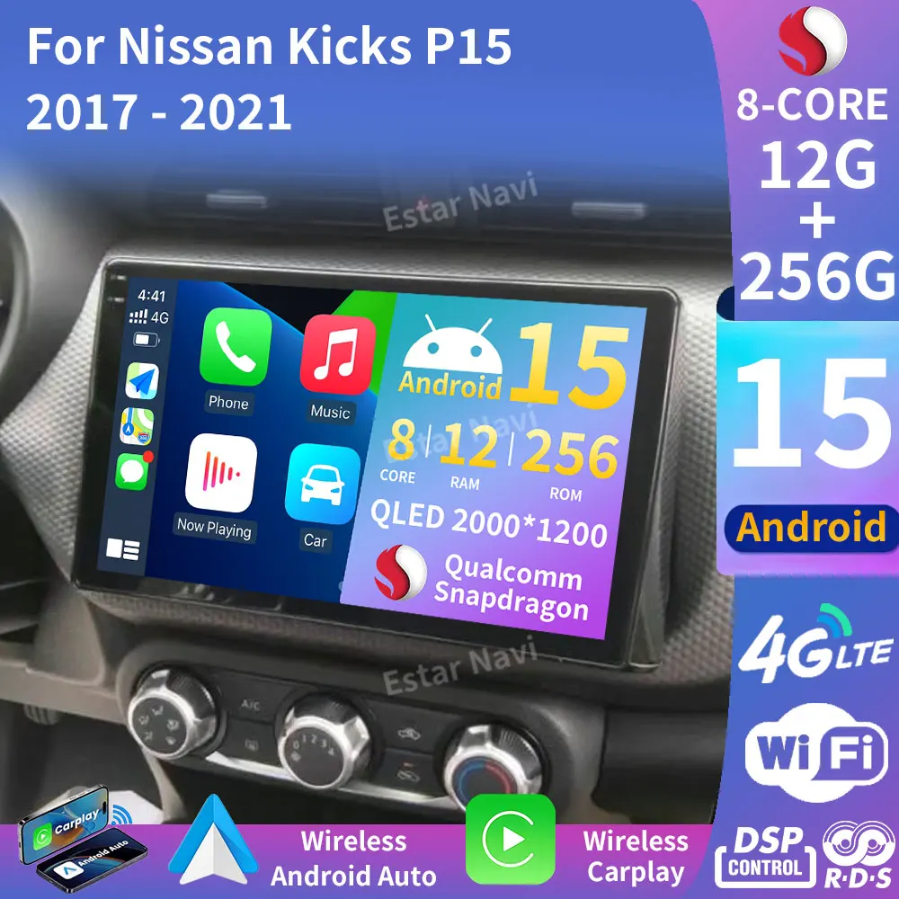 Android 15 Wireless Carplay For Nissan Kicks P15 2017 - 2021 5G WIFI Audio GPS Auto Player 360 Camera DSP Stereo Head Unit 2din 1