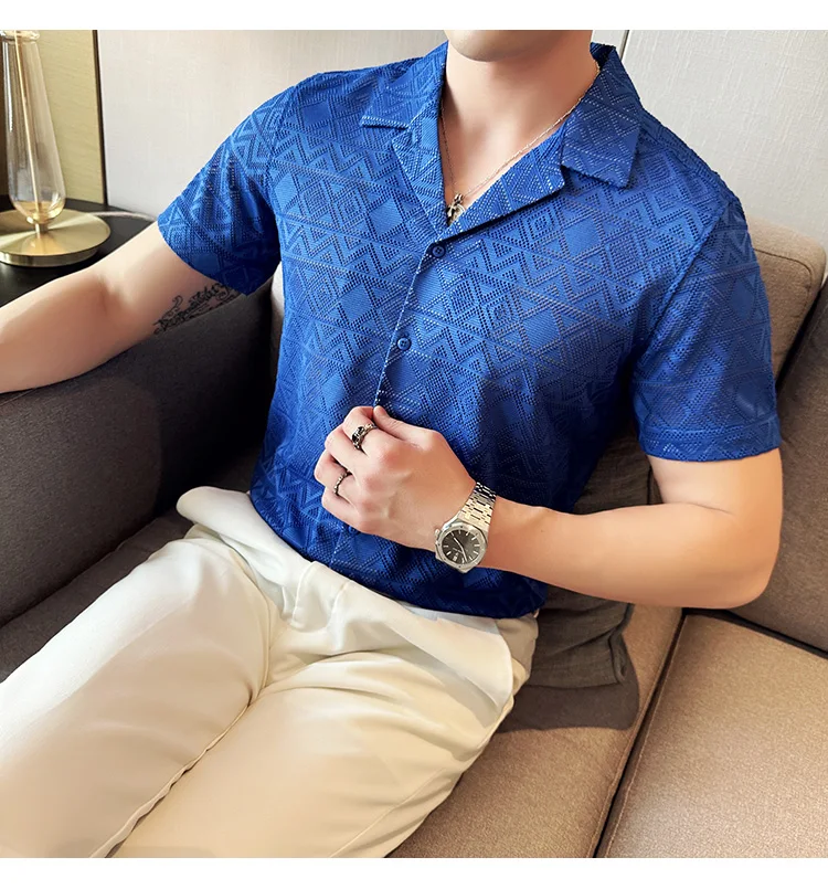 Spring/Summer Short Sleeved Shirt for Men Tailored Collar Lace Shirt Fashion Nightclub Social Party Tuxedo Blouse Streetwear
