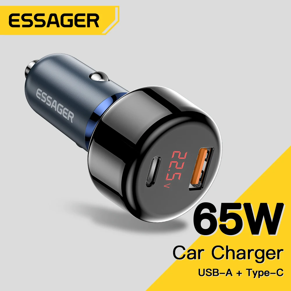 Tanie Essager 65W ładowarka samochodowa USB szybkie ładowanie z wyświetlaczem QC 4.0 3.0 USB-C zapalniczki sklep