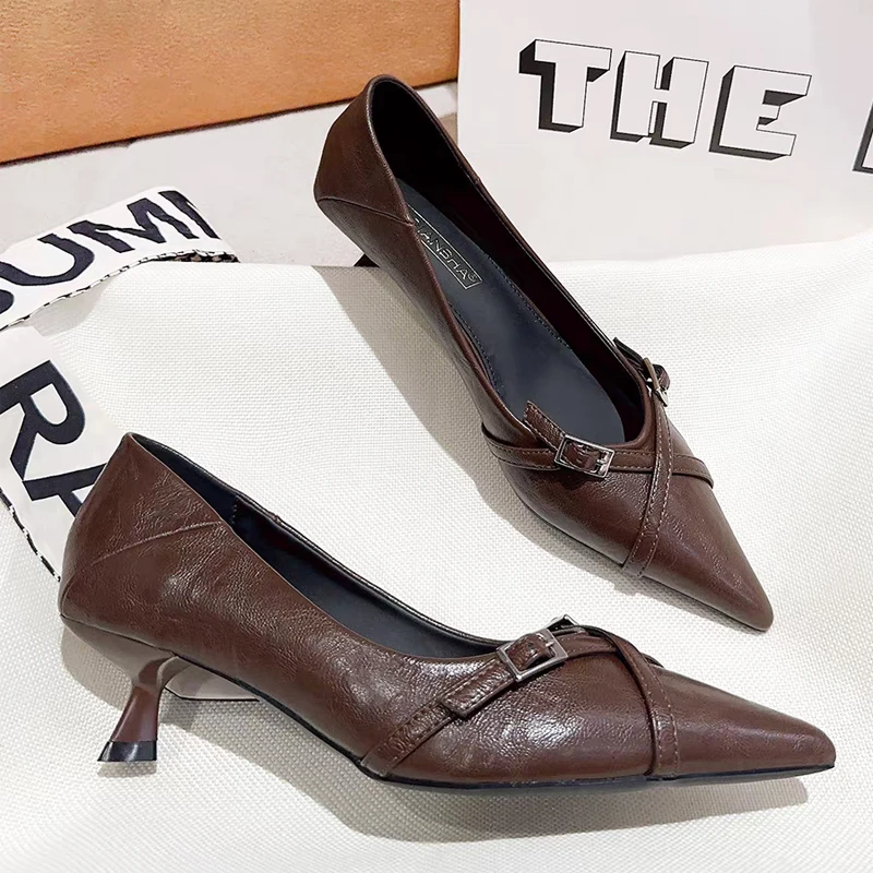 Aphixta Angola Red 4cm High Heel Pumps Sexy Belt Buckle Dec Woman Shoes Elegant Women Pumps Pointed Toe Patent Leather Shoes