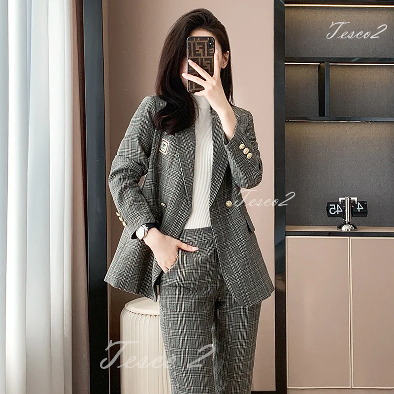 Tesco Popular Plaid Women Korean Style Suit Double Breasted Jacket+Trousers Temperament Slim Fit Elegant Female Pantsuit 2 Piece