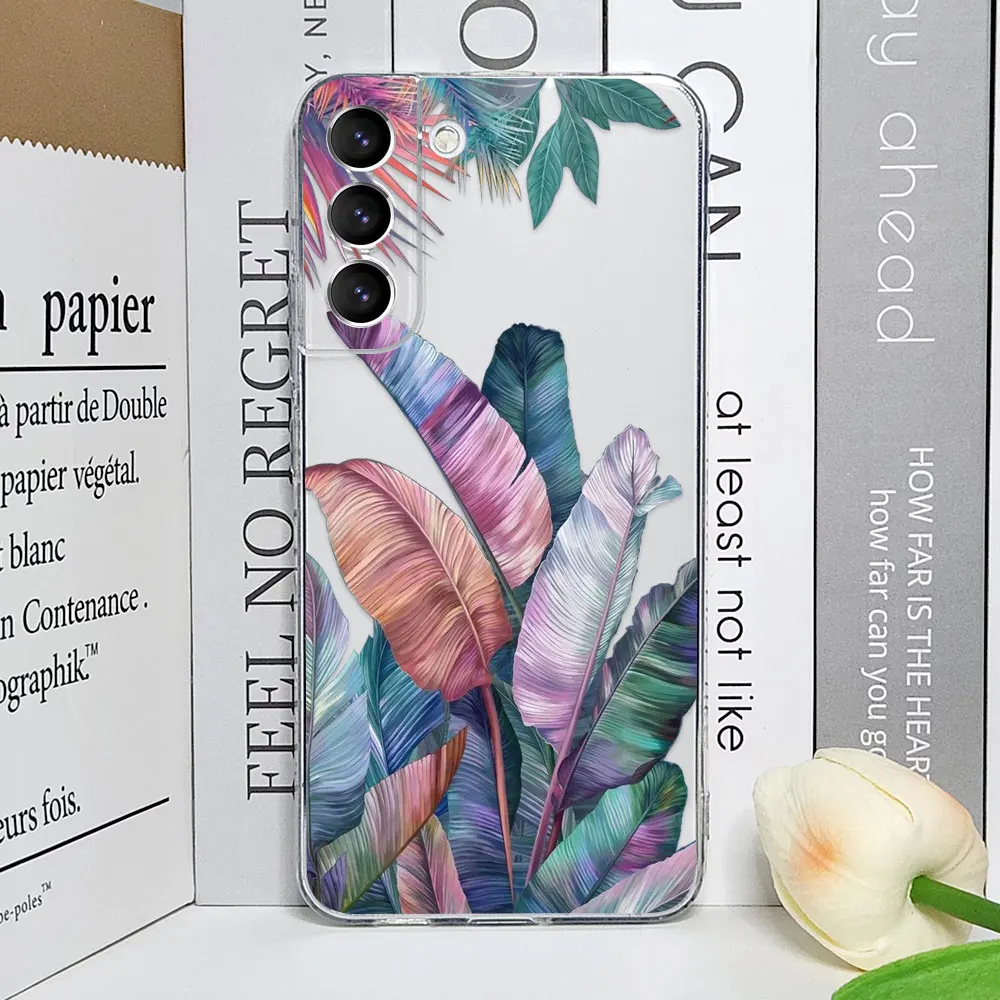 Floral Palm Leaf Painted Transparent Phone Case - Soft Cover with Flower Design