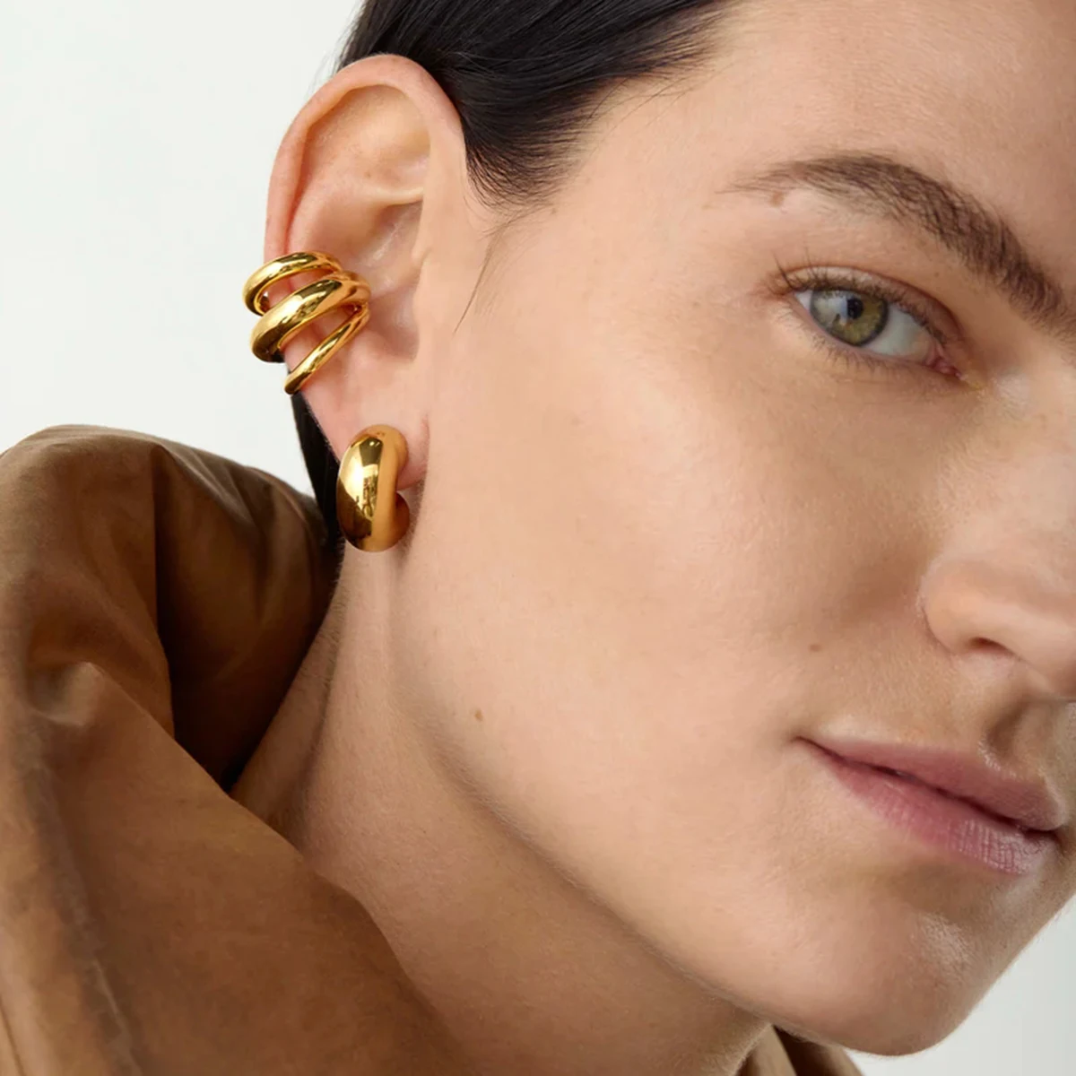 Uworld 18K Gold Color Stainless Steel Three-layer Ear Clip Waterproof Metal Unique Fashion Trendy Women Gift