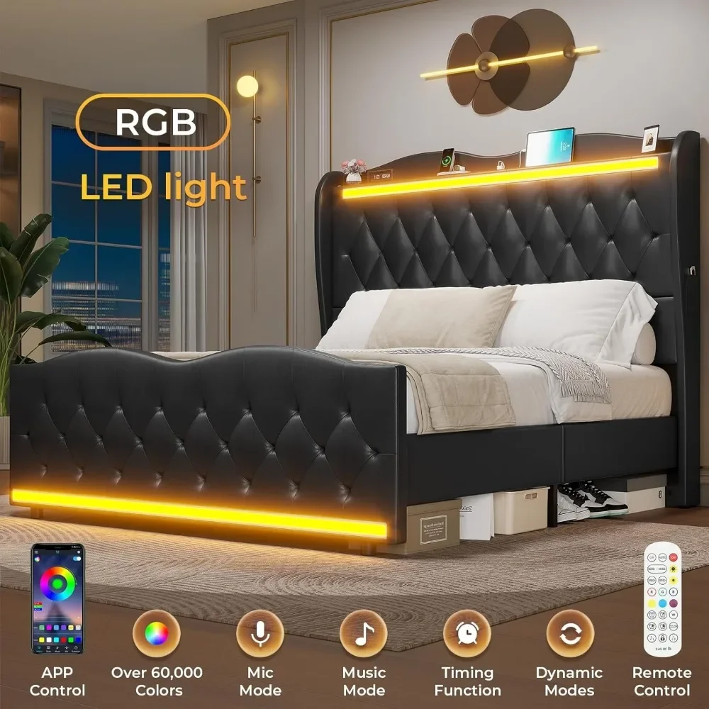 Large Bed Frame with Bed Tail, Charging Station, PU Leather Cushioned Platform, Large Bed with Wing Back Storage Headboard 2