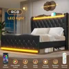 Large Bed Frame with Bed Tail, Charging Station, PU Leather Cushioned Platform, Large Bed with Wing Back Storage Headboard 2