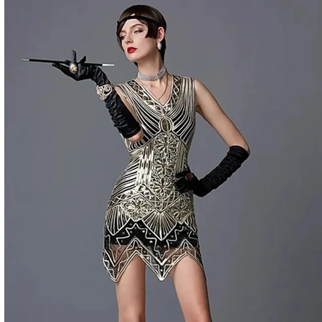 1920s Women's Sequin Triangle Hem Dress Sleeveless Gold Thread Embroidery Tassel Gatsby Party Dress Plus Size 1
