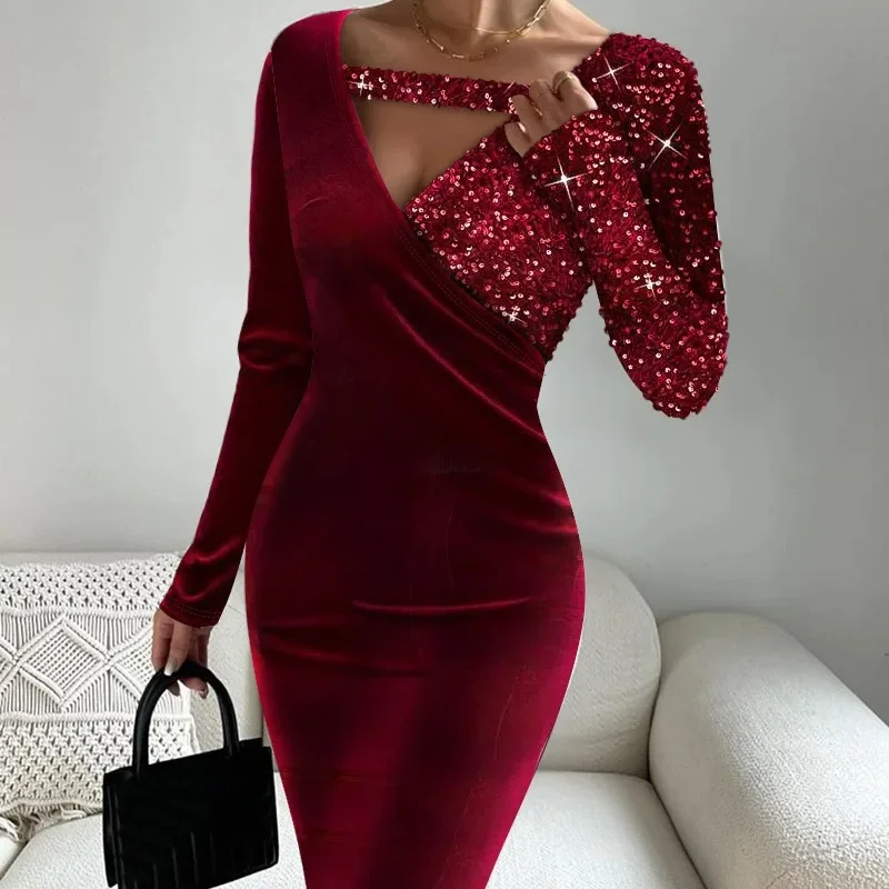 

2024 Elegant And Sexy Red Spring And Autumn New Women's Solid Color Sequin Spliced Velvet Long Sleeve Tight Dress
