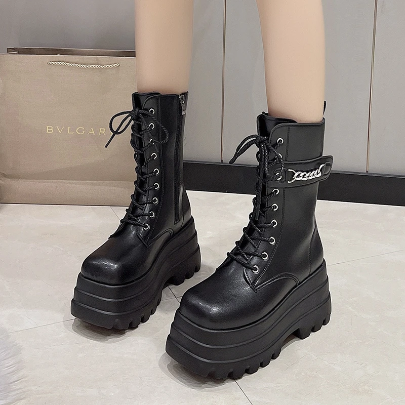 

New Fashion Chain Buckle Cross Tied Goth Women Shoes Mid Calf Punk Platform Flats Motorcycles Boots Winter Mujer Boots 2022