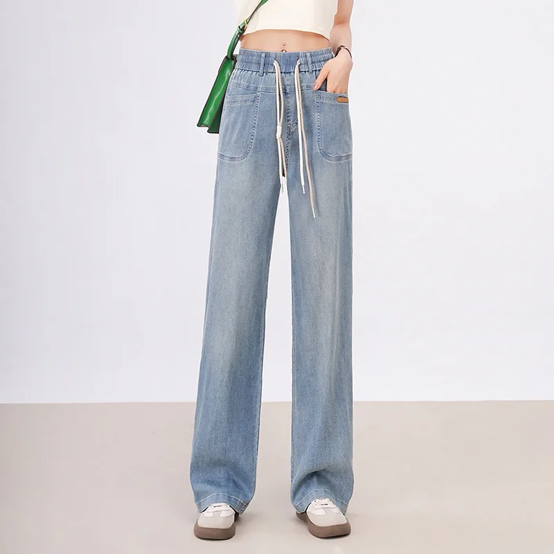 

ZUZK Retro Summer Wide Leg Denim Pants For Women New Elastic Waist Thin And Loose Jeans With A Draping Feel Washed Casual Pants