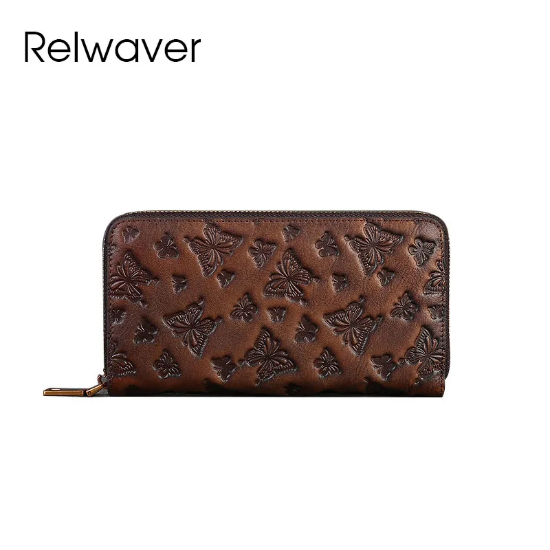 

Relwaver butterfly wallet genuine leather long wallet cow leather women wallet 2024 spring summer zipper party clutch purse