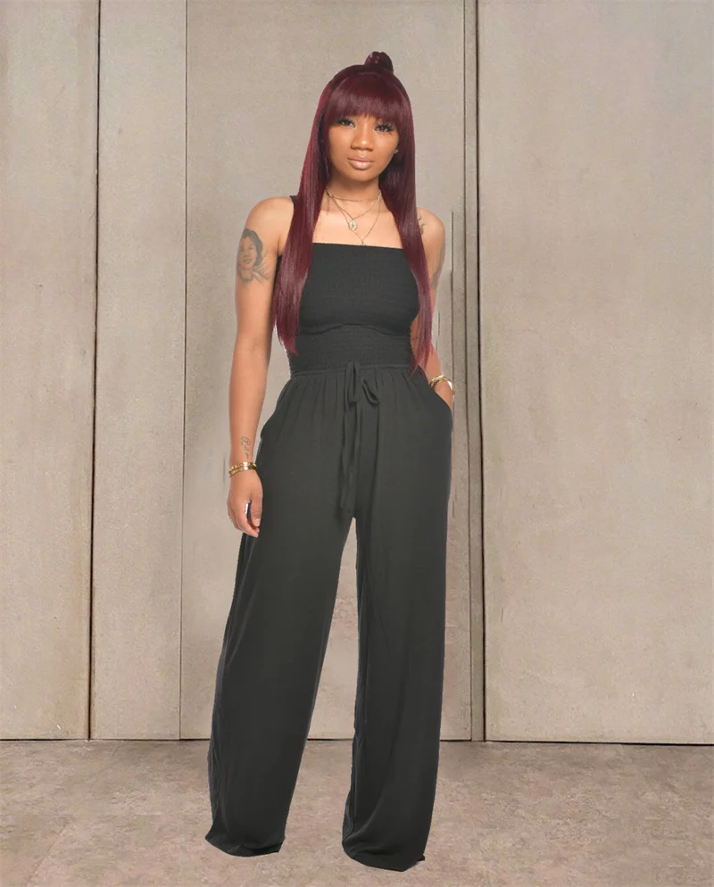 Hot Sale – Off Shoulder Solid Color Smocked Jumpsuit