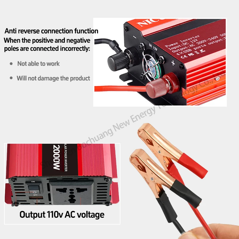 Pure sine wave inverter, high-power 1000W2000W, portable digital display, 12V to