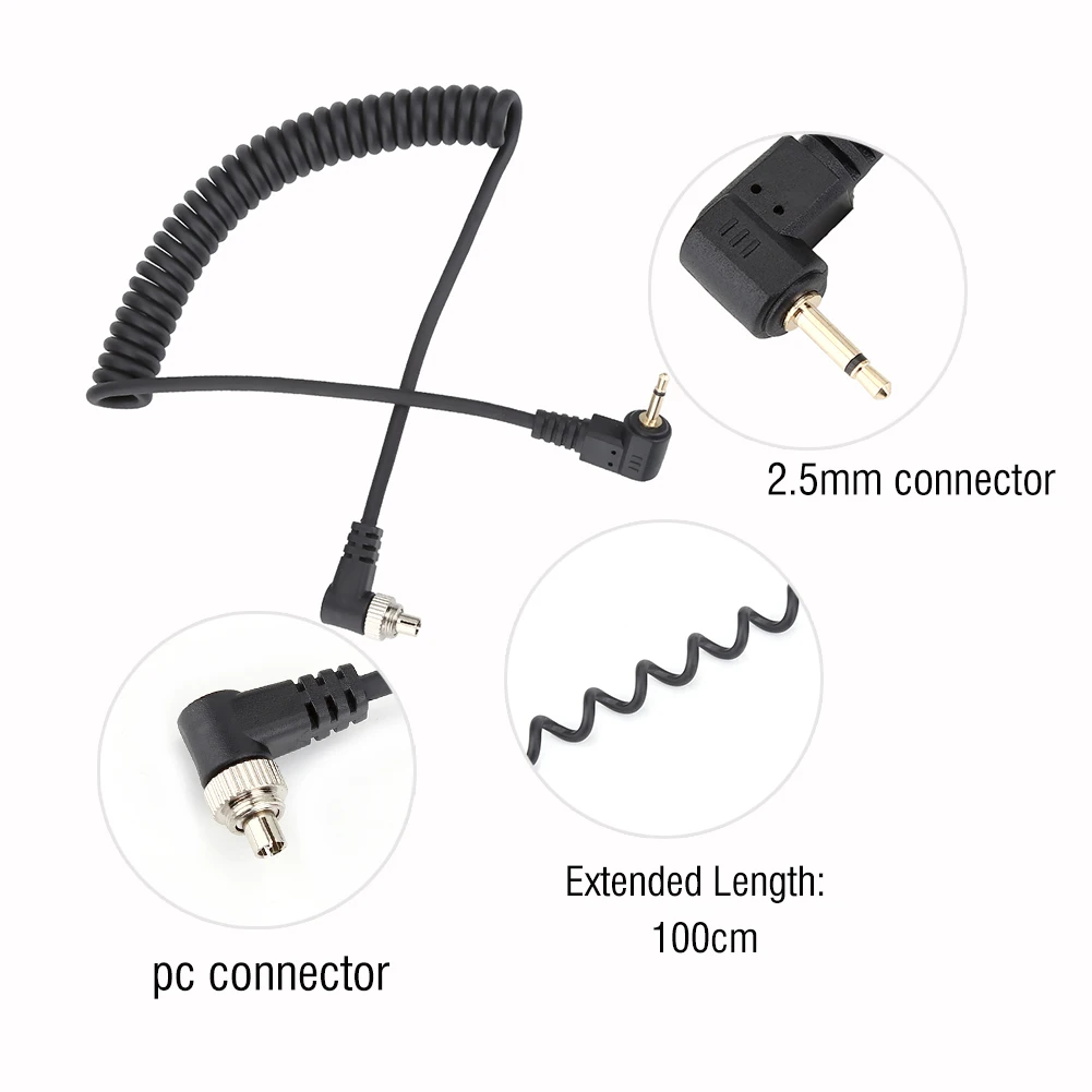 Wireless Flash Trigger 2.5mm to Male Flash PC Sync Cable Cord with Screw Lock Extended Coiled Wire Flash Sync Cord Cable PC