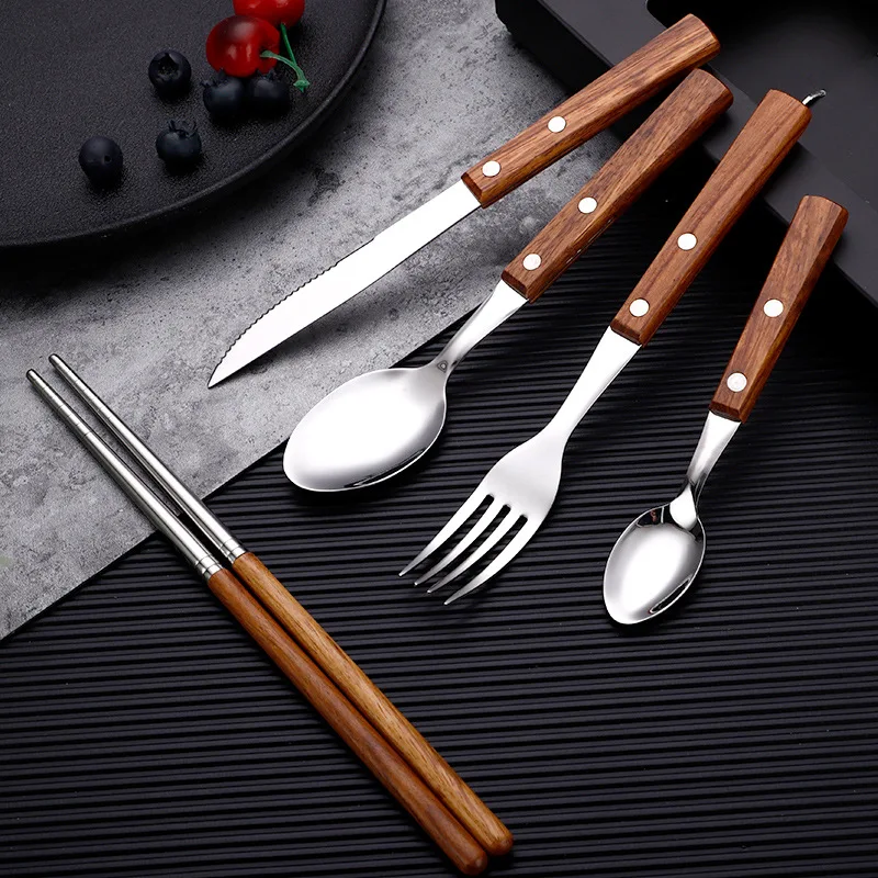 Wooden Handle Cutlery Set Western Stainless Steel Spoon Chopsticks Steak Knife Fork Tableware Vintage Dinnerware Kitchen Utensil cutlery set stainless steel cutlery set