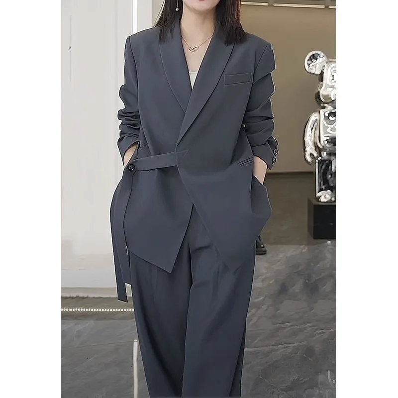 2024 Women V-neck With Belt Blazer Coat And Pants 2 Piece Set Spring Chic Long Sleeve Pockets Jacket Trousers Suits Solid Outfit