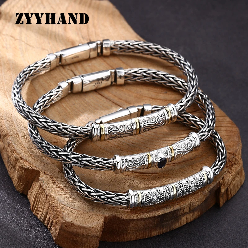 S925 스털링 실버 직조 팔찌, 남녀공용 블랙 태국 스타일, 중동풍 디자인, 블루 지르콘 리본, 파인 쥬얼리 FYRNG091