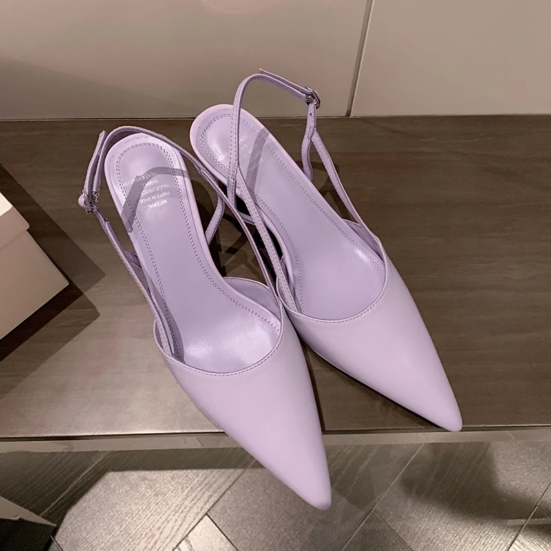 

Summer Sandals Pointe Toe Women Pumps 6.5 cm Heel Woman Daily Shoes Slingbacks Cow Leather Sandals Girls Pumps For Spring Atumn