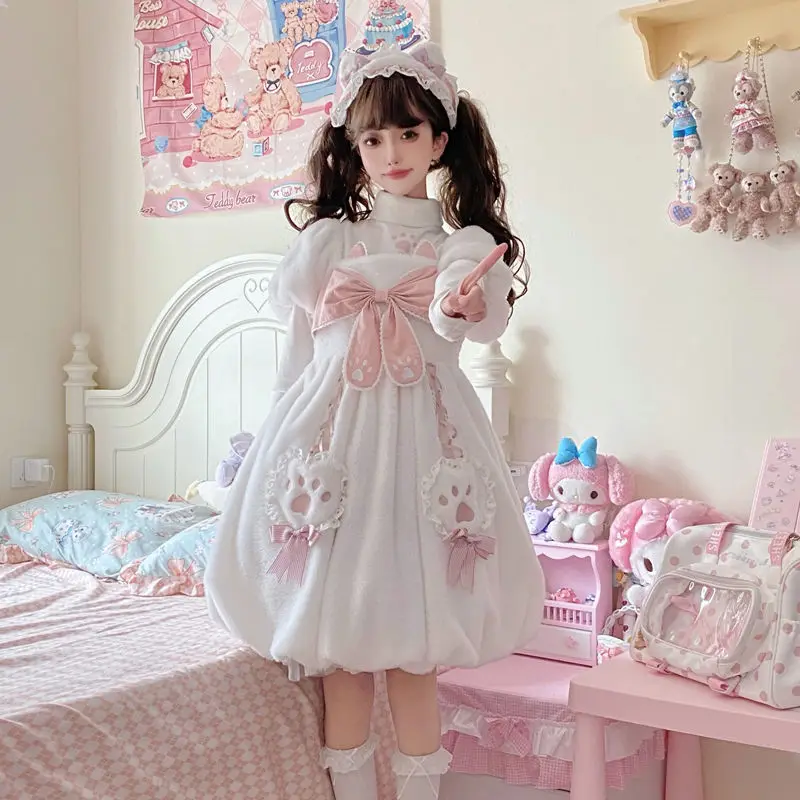 

Atumen Winter Lamb Plush Lolita Op Thickened Warm Kawaii Dress Cute Girls Stitched White Pink Bow Puff Sleeve Princess Dresses