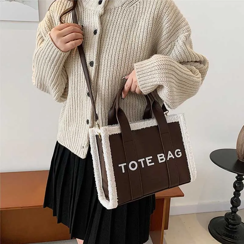 Solid Color Quilted Letter Print Crossbody Bag Women's Trendy Casual Style Plush Edge Detail Zippered Handbag Ideal Outings