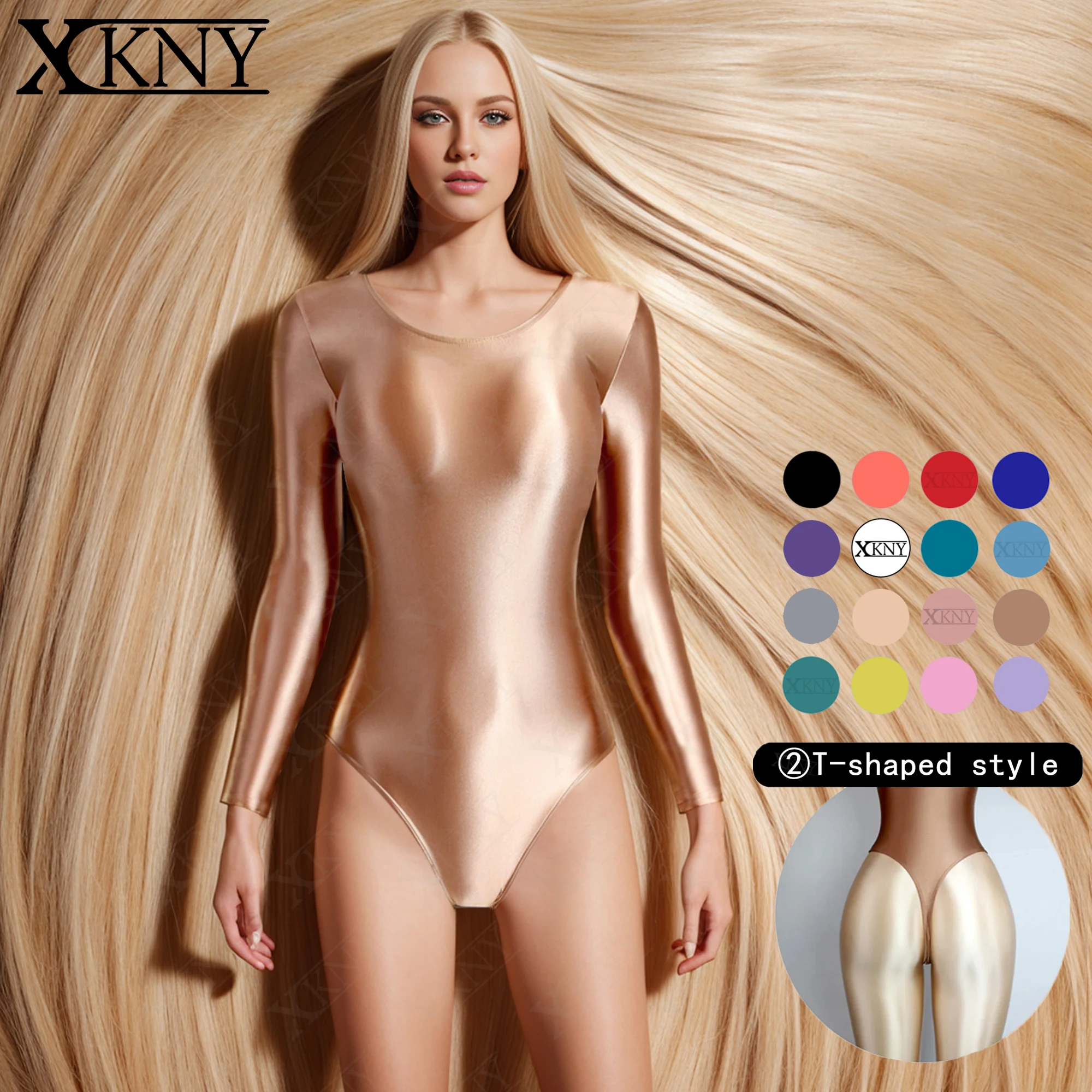 

XCKNY satin glossy One piece tights smooth T-shaped high fork long sleeve swimsuit Yoga sportswear solid color gymnastic suit