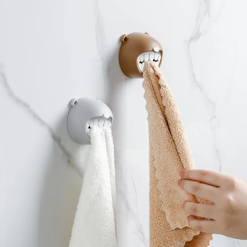 Cartoon Bear Towel Storage Rack Self Adhesive Towel Plug Holder Hook Towel Stopper Kitchen Bathroom Rag Dishcloth Clip Organizer 6
